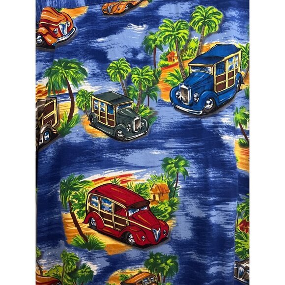 Blue Vintage All Over Print Hawaiian Floral Button Shirt 2XL Pocket Classic Cars - Picture 7 of 10